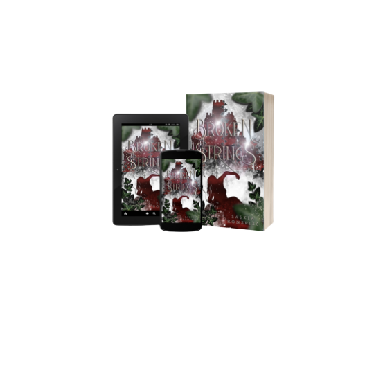 Mockups des Buchcovers. Darauf hängt eine Frau an teilweise zerrissenen Marionettenfäden vor einer Burg.